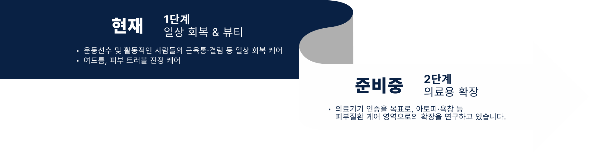 1단계 현재 — 일상 회복 & 뷰티 : 운동선수 및 활동적인 사람들의 근육통·결림 등 일상 회복 케어, 여드름·피부 트러블 진정 케어 / 2단계 준비중 — 의료용 확장 : 의료기기 인증을 목표로 아토피·욕창 등 피부질환 케어 영역으로의 확장을 연구하고 있습니다.